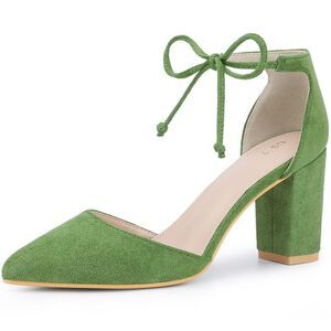 Ankle Tie Chunky Heel Pointed Toe Dress Pumps Olive Green